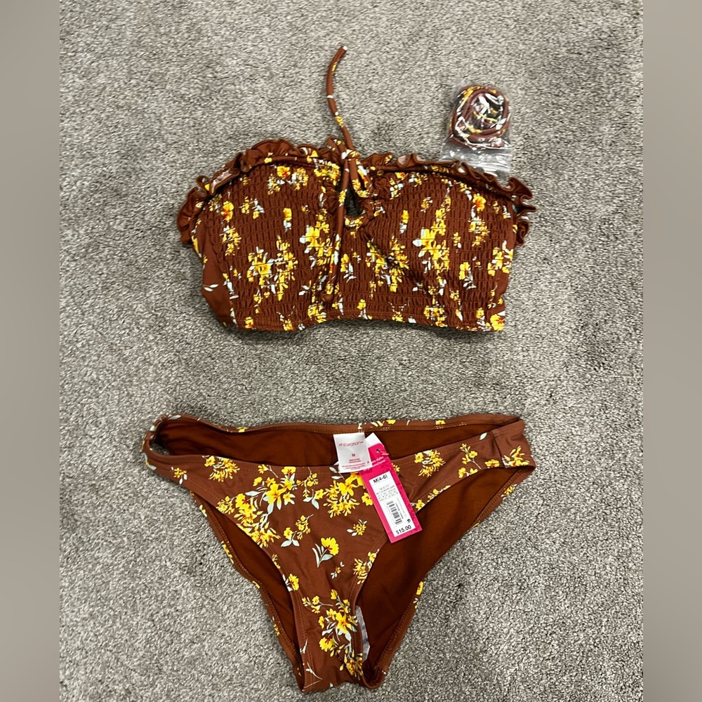 Xhilaration Brown Bikini with Yellow Floral Design